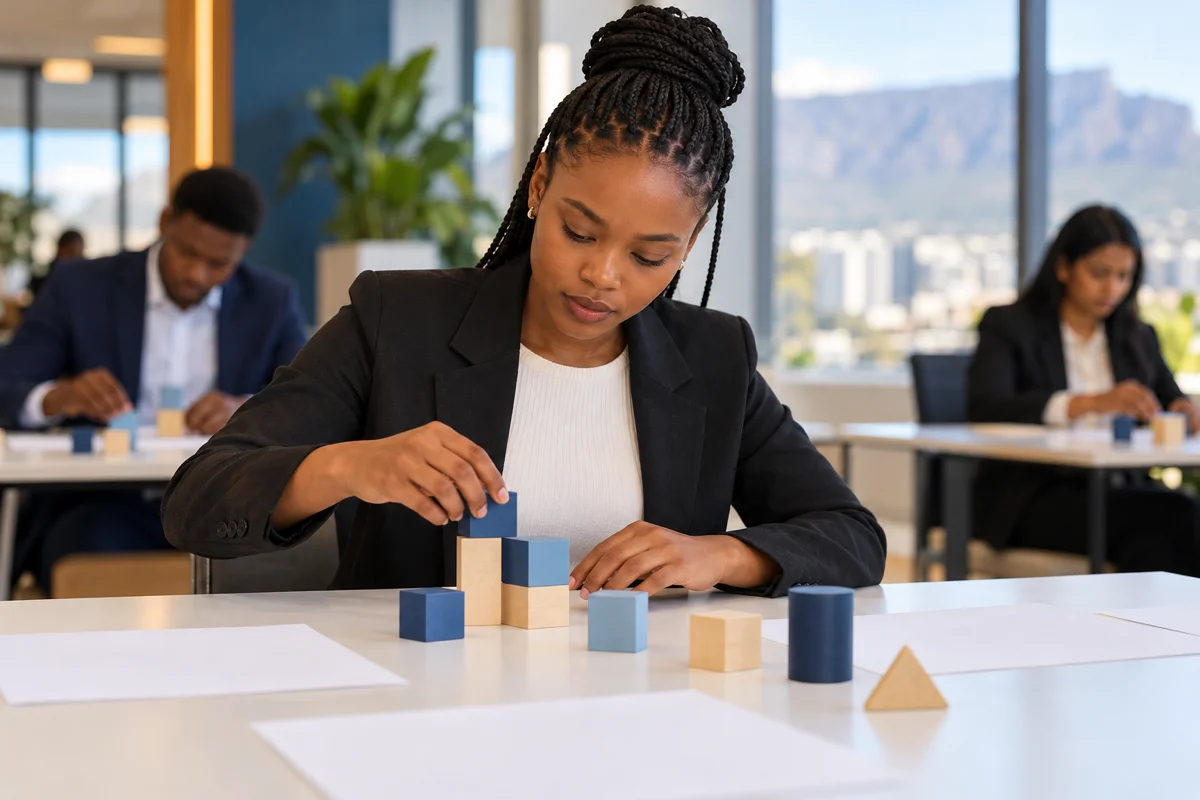 Applicants working through a group assessment exercise in a South African office