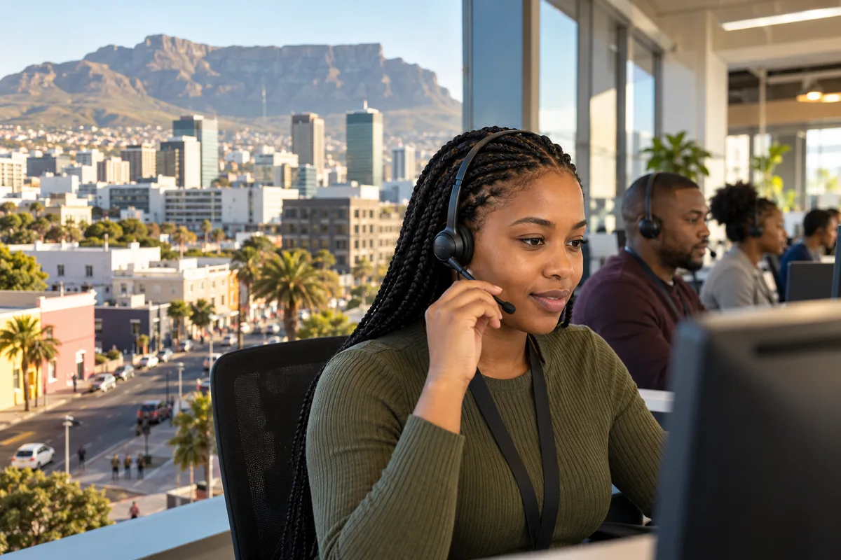 South African contact centre agent working at a headset-equipped service desk