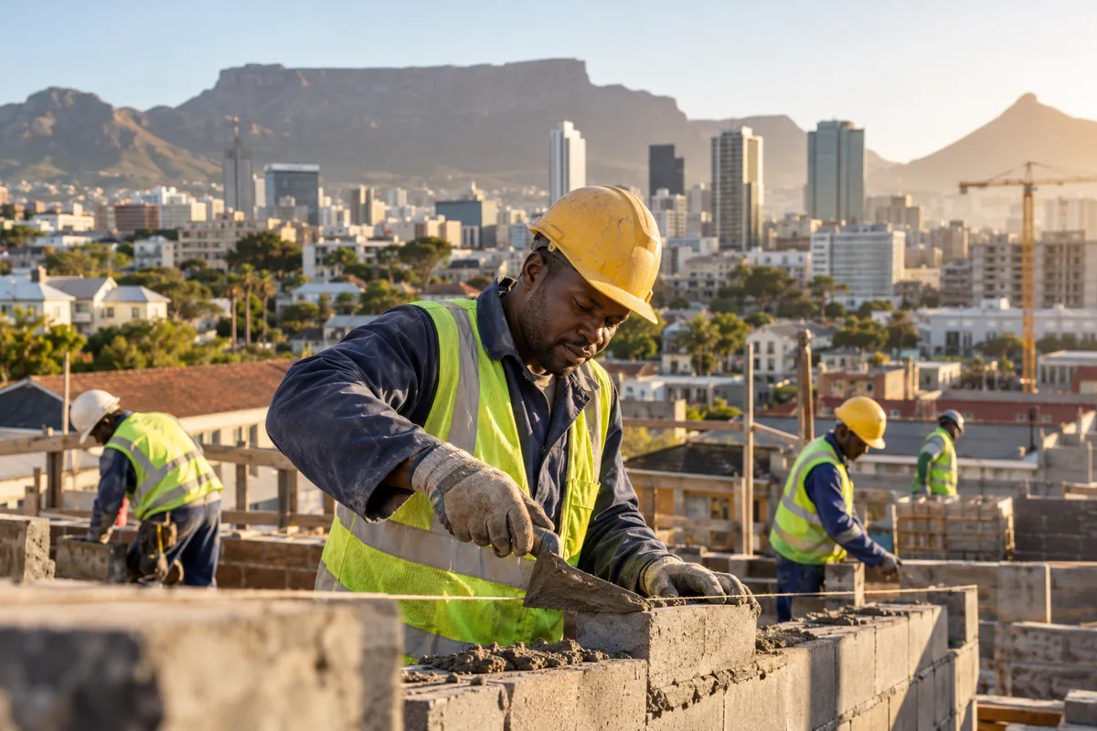 South African construction worker reviewing plans and a site vacancy with safety equipment nearby