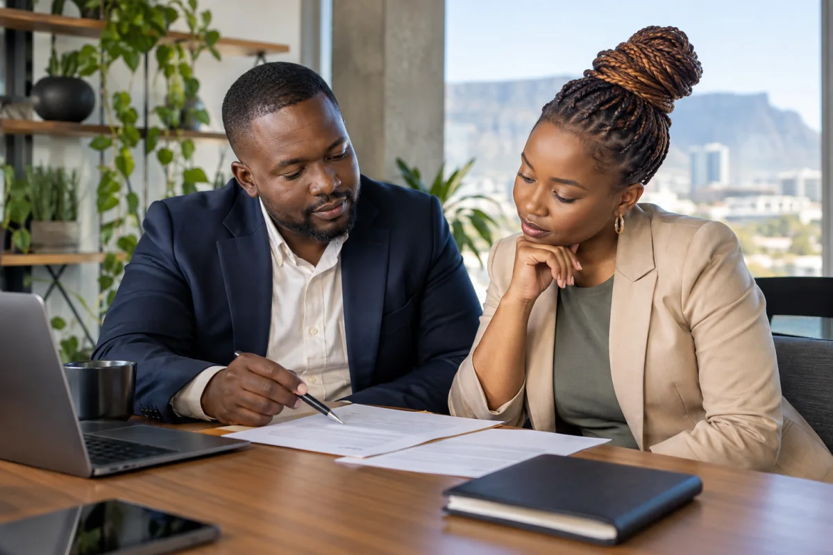 A candidate comparing the written terms of a South African job offer at a desk