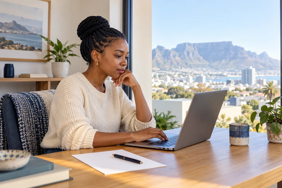A South African applicant drafting a cover letter at a desk in natural light
