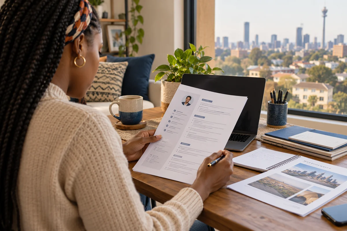 A South African job seeker reviewing a CV beside a laptop and notebook