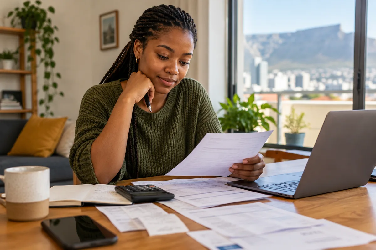 A new South African employee checking a first payslip and bank deposit