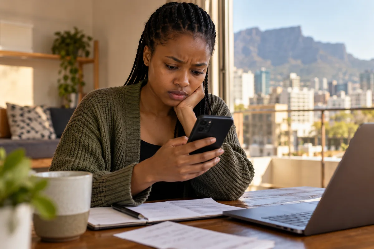 A South African job seeker checking a suspicious recruitment message on a phone
