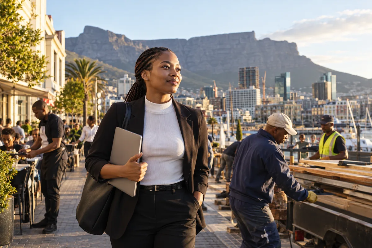 Cape Town job seeker researching workplaces and routes with a laptop