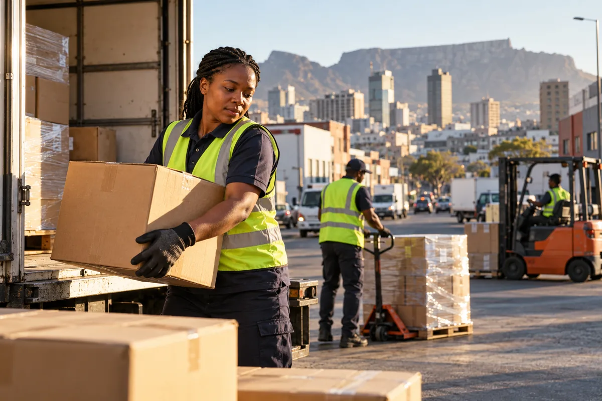 South African logistics team reviewing freight schedules and warehouse records