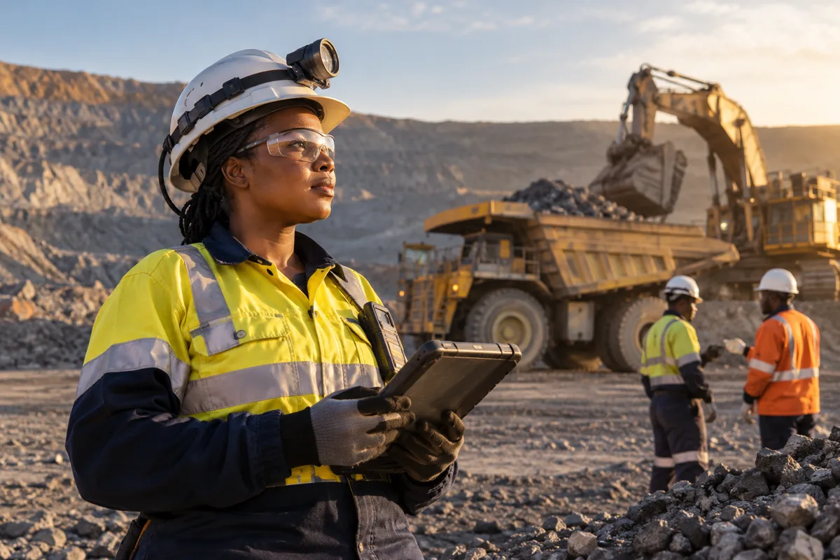 South African mine workers reviewing equipment and safety procedures at a mine site