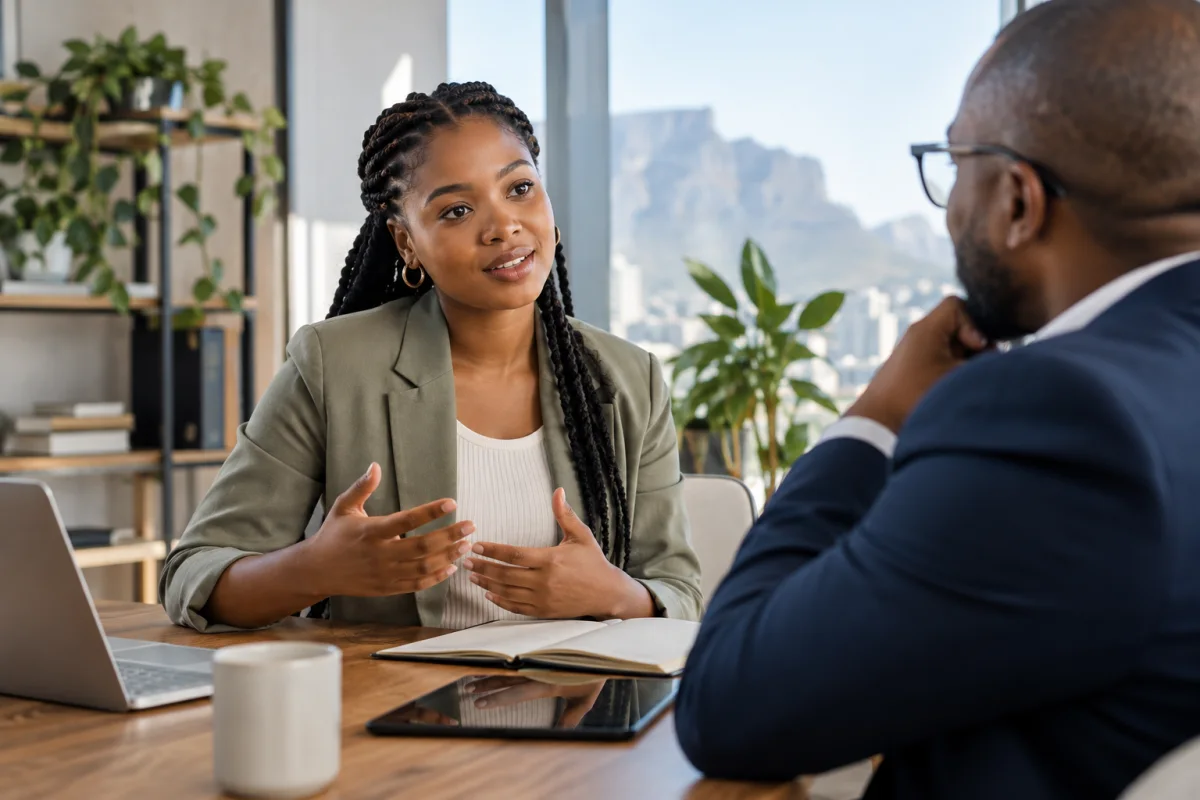 Two South African professionals reviewing a written offer and calculator