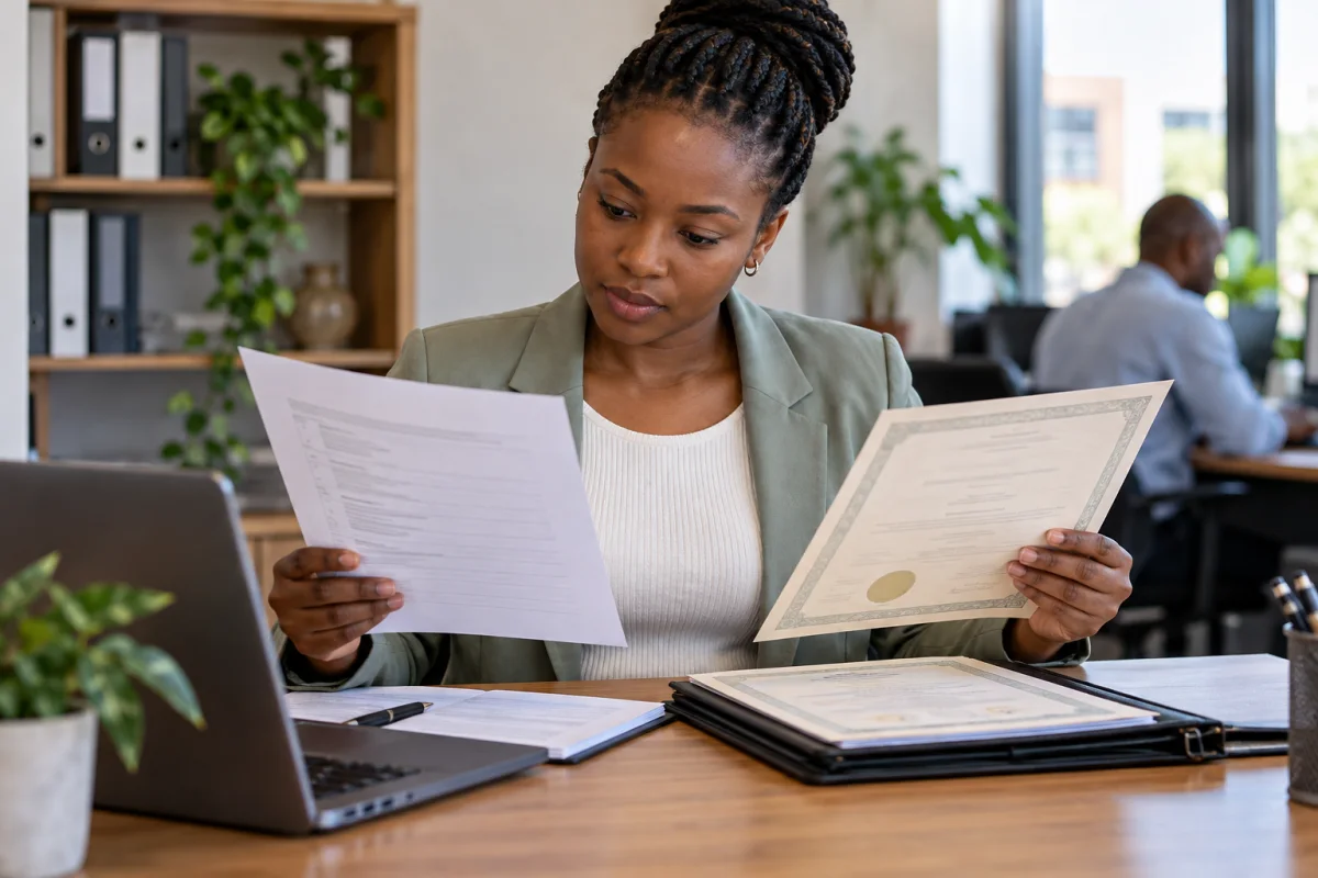 A candidate organising South African certificates and a CV before applying