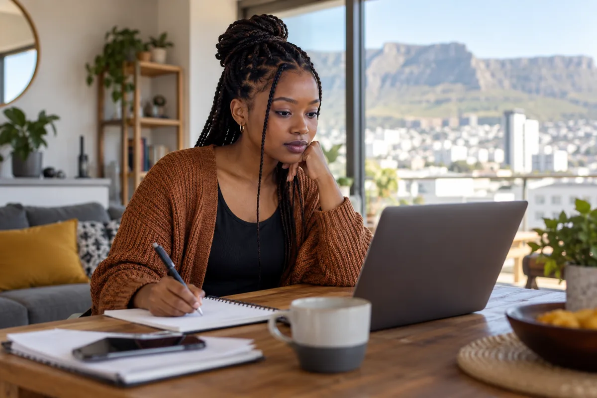 South African remote worker comparing a contract and payment records at home
