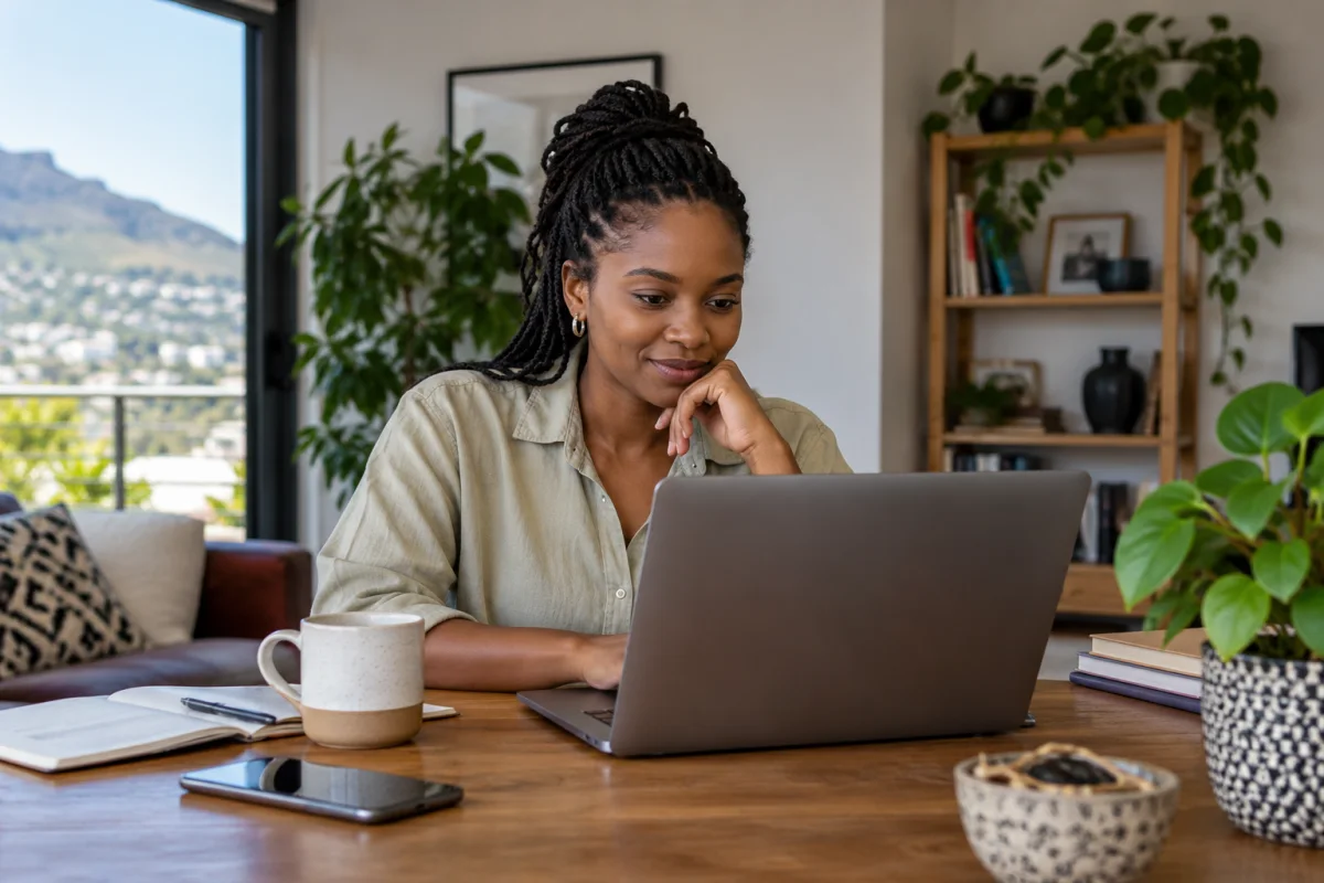 A South African applicant checking a remote role with a notebook and computer