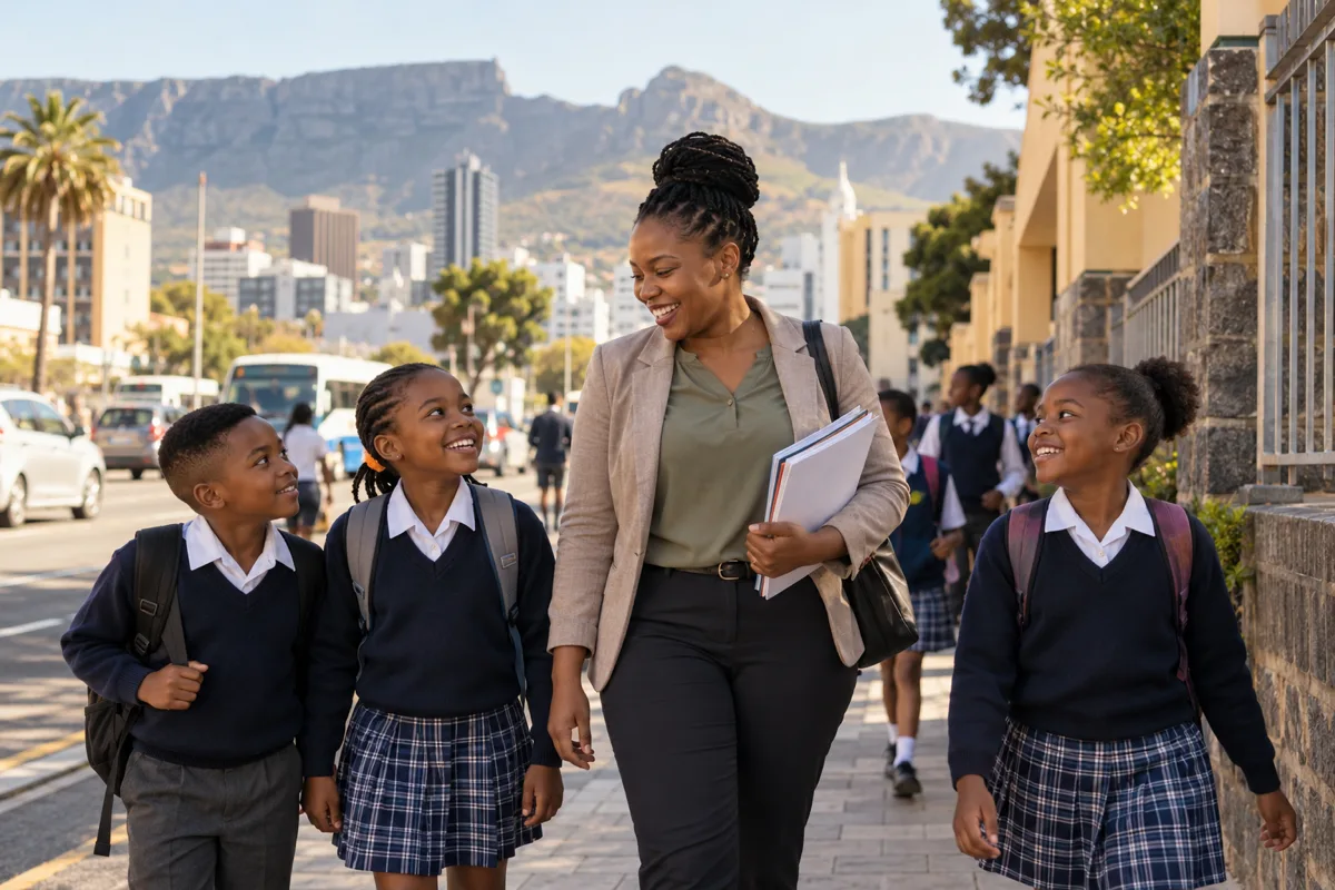 South African teacher preparing lessons and reviewing school vacancies at a desk