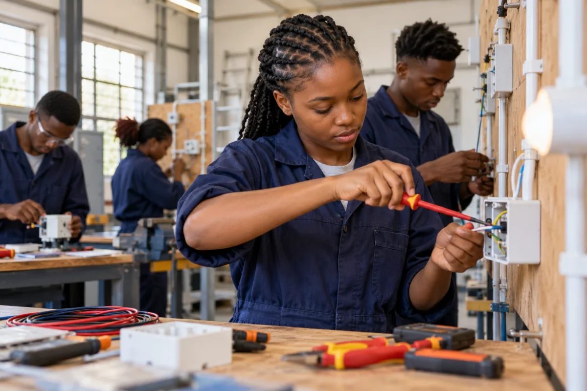 A learner reviewing technical training options and workshop equipment