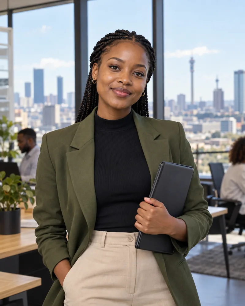 A young professional in an olive blazer in a Johannesburg office