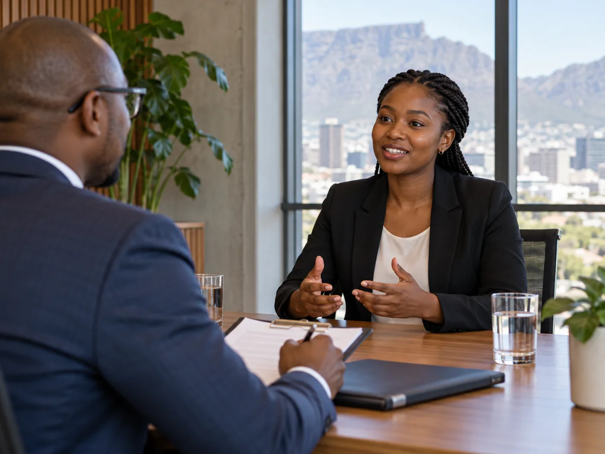 A hiring manager interviewing a candidate across a desk.