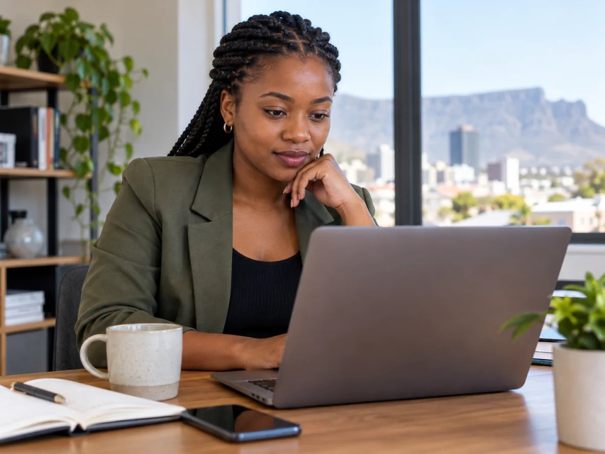 A professional working at a laptop in an office.