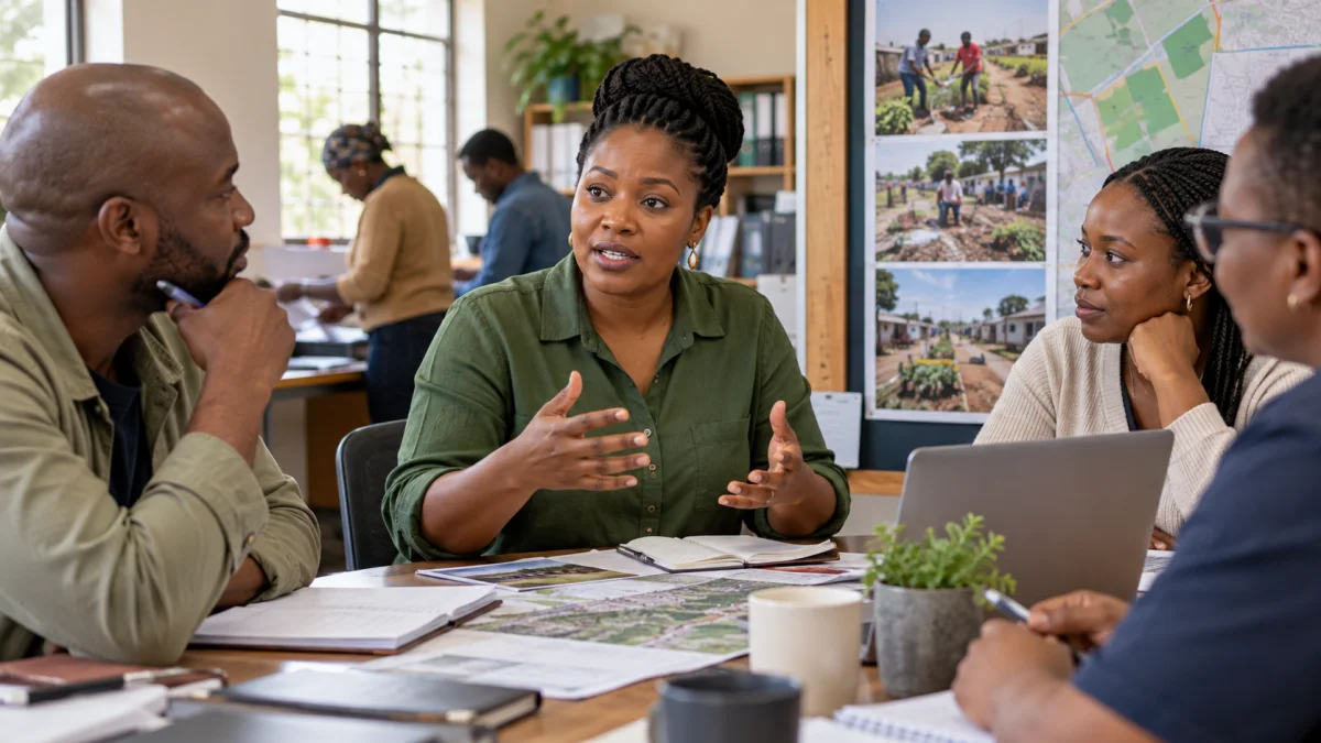 Community workers planning around a table.