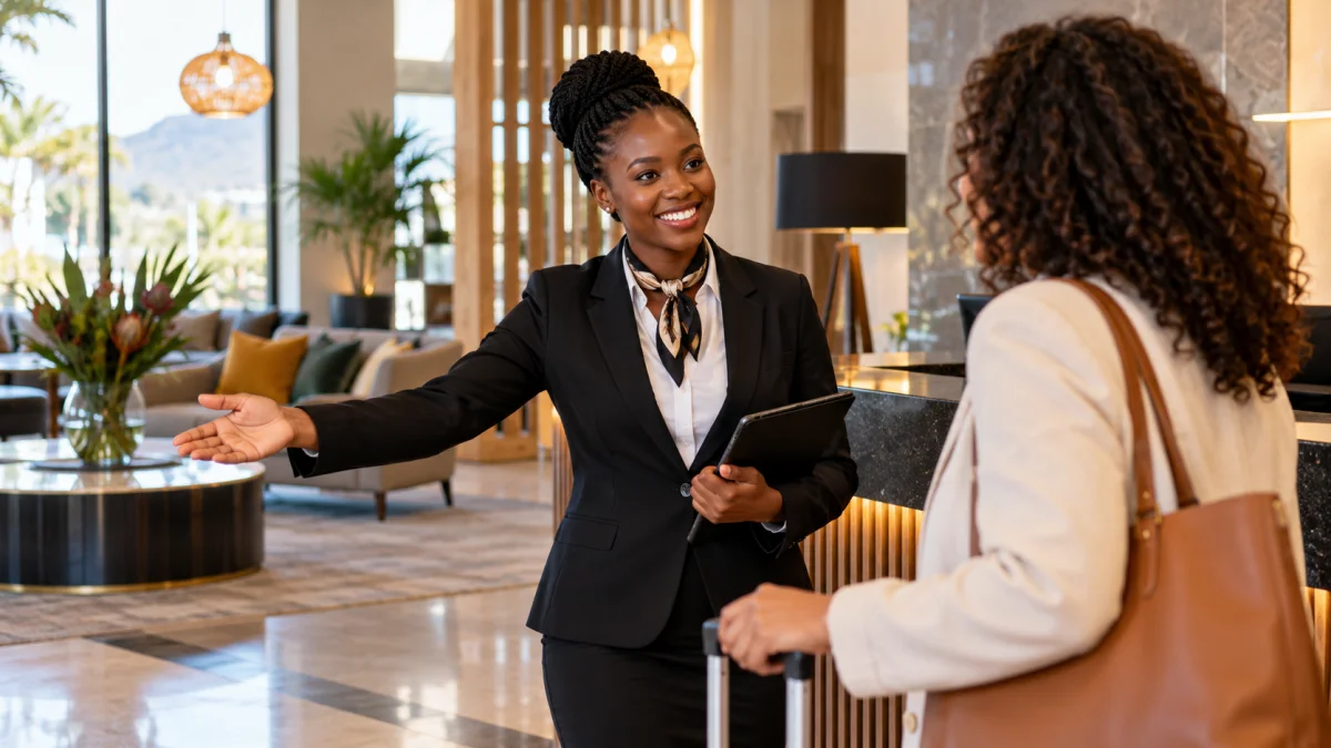 A hospitality worker at a hotel reception.